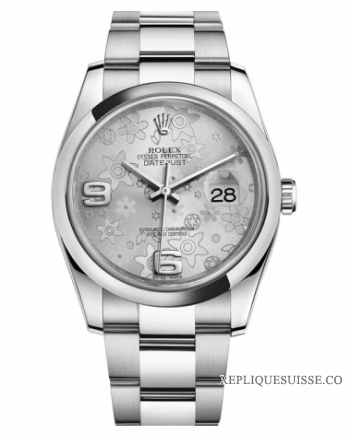 Réplique Rolex Datejust en acier bombe 36mm Lunette Argent Floral Dial 116200 SFAO