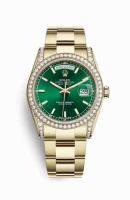 Copie Montre Rolex Day-Date 36 cosses en or jaune 18 carats serties de diamants 118388 cadran vert m118388-0195