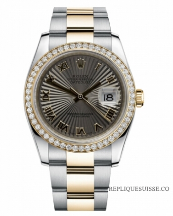 Réplique Rolex Datejust en acier et cadran en or jaune Or Gris Sunbeam 116243 GSBRO