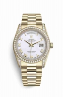 Copie Montre Rolex Day-Date 36 cosses en or jaune 18 carats serties de diamants 118388 cadran blanc m118388-0082