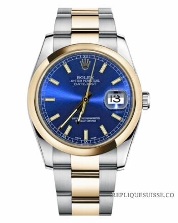 Réplique Rolex Datejust en acier et or 36mm en or jaune cadran bleu 116203 BLSO