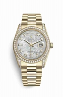 Copie Montre Rolex Day-Date 36 Or jaune 18 ct serti diamants 118388 Blanc serti de nacre Cadran m118388-0018