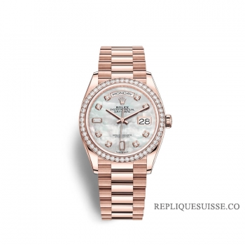 Rolex Day-Date 36 Or Everose 18 ct M128345RBR-0028 Nacre blanche sertie de diamants Cadran