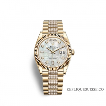 Rolex Day-Date 36 or jaune 18 ct M128238-0032 Nacre blanche sertie de diamants Cadran