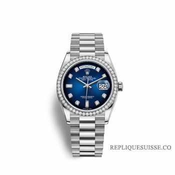 Rolex Day-Date 36 or blanc 18 ct M128349RBR-0010 Ombre bleue serti de diamants Cadran