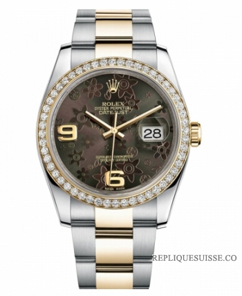 Réplique Rolex Datejust en acier et cadran en or jaune d\'or Brown Floral 116243 BRFAO