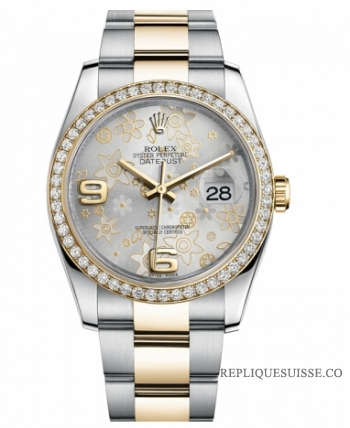 Réplique Rolex Datejust en acier et cadran en or jaune Or Argent Floral 116243 SFAO