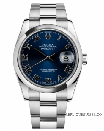 Réplique Rolex Datejust en acier de 36mm d?me lunette cadran bleu 116200 BLRO