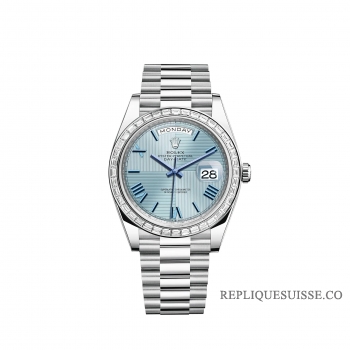 Rolex Day-Date 40 Platine cadran quadrant bleu glacier lunette sertie de diamants