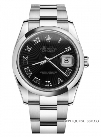 Réplique Rolex Datejust en acier de 36mm d?me lunette cadran noir Sunbeam 116200 BKSBRO