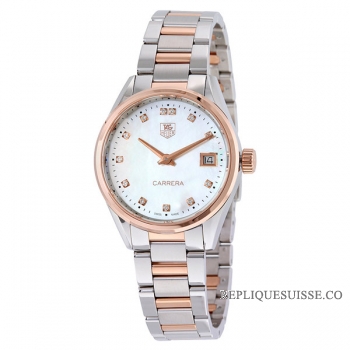 TAG Heuer Réplique Carrera blanc Mere de Pearl Dial Wesselton Diamants Acier inoxydable Dame Montre WAR1352.BD0779