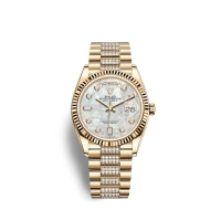 Rolex Day-Date 36 or jaune 18 ct M128238-0032 Nacre blanche sertie de diamants Cadran