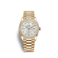 Rolex Day-Date 36 or jaune 18 ct M128348RBR-0017 Nacre blanche sertie de diamants Cadran