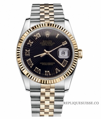 Réplique Rolex Datejust 36mm acier et Jaune or noir Sunbeam Dial 116233 BKSBRJ