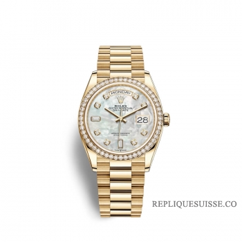 Rolex Day-Date 36 or jaune 18 ct M128348RBR-0017 Nacre blanche sertie de diamants Cadran