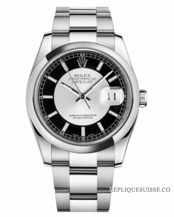 Réplique Rolex Datejust en acier bombe 36mm Lunette Argent et cadran noir 116200 SIBKSO