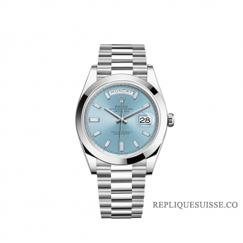 Rolex Day-Date 40 Platine cadran bleu glacier serti de diamants Lunette lisse