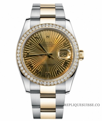 Réplique Rolex Datejust en acier et cadran en or jaune d\'or Champagne Sun 116243 CHSBRO