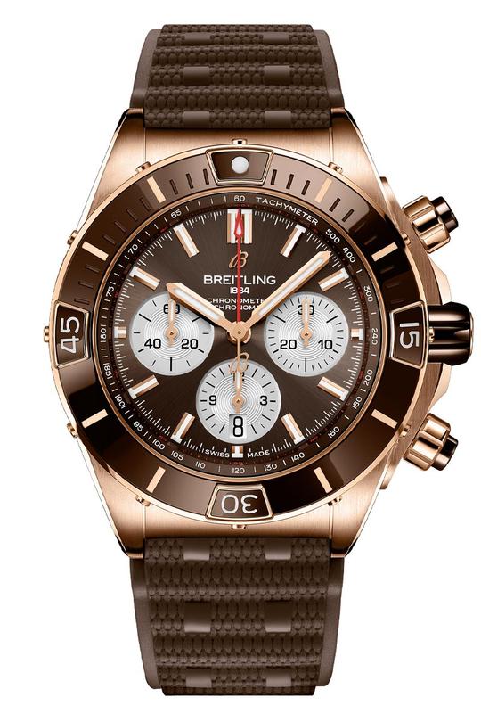 Réplique Breitling Super Chronomat Or Rose 18k Cadran Marron Bracelet Caoutchouc Homme RB0136E31Q1S1