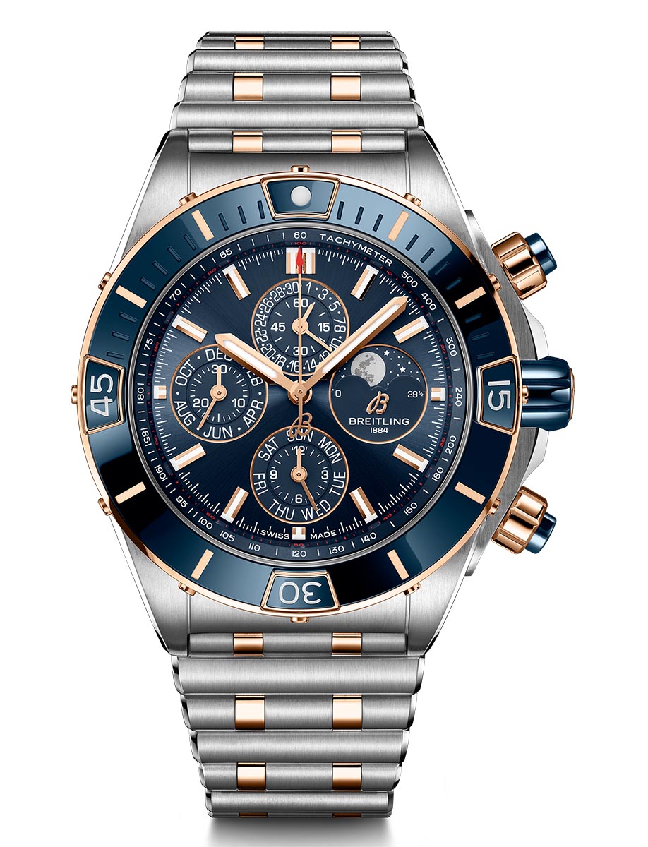 Réplique Breitling Super Chronomat 4 Year Calendar Cadran Bleu Acier et Or Rose Montre Homme U19320161C1U1